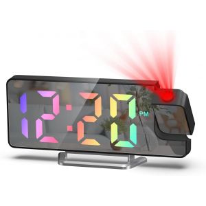 R&eacute;veil &agrave; projection, 18,8 cm LED RVB miroir couleur grand &eacute;cran, r&eacute;veil de chambre &agrave; coucher avec projecteur rotatif &agrave; 180&deg;, 3 niveaux de luminosit&eacute; r&eacute;glables, charge USB, mode nuit, temp&eacute;rature, date - Neuf