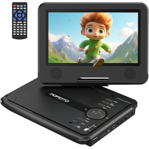 Lecteur DVD Portable 9,5"" avec &eacute;cran pivotant HD 7,5"" pour Voiture et Enfants, Autonomie 4-6 Heures, Support Multiformat Disques/SD/USB, Synchro TV, Deux Haut-parleurs, avec Chargeur Voiture - Neuf