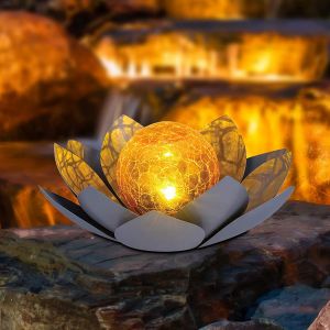 Lampe Solaire En Forme De Fleur De Lotus, Décoration De Jardin Extérieure, Couleur Ambre Craquelé - Neuf