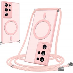 Maa-Coque Magnétique Pour Samsung Galaxy S23 Ultra Avec Cordon, [Compatible Avec Magsafe] Etui Translucide Mat Arrière Antichoc Réglable Portable Lanyard Case Protection, Rose - Neuf