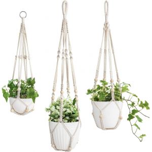 3 Pack Cintres En Macram&eacute; Int&eacute;rieur Panier Suspendu Pour Jardini&egrave;re Support De Pot De Fleur Corde De Coton With Beads No Tassels,58cm/73cm/89cm - Neuf