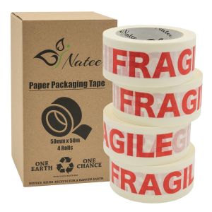 Checarzhn--No1-Lot De 4 Rouleaux De Ruban Adhésif Blanc Entièrement Recyclables | Papier Kraft Imprimé Fragile Pour L'emballage De Colis Et De Boîtes | Rouleaux Entièrement Recyclables | Rouleau De Ruban - Neuf