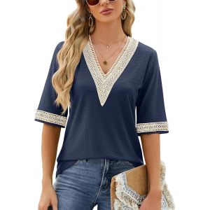 Utigh-Chemisier Femme Chic Et Élégant Blouse Mode Chemise Découpes Col En V Hauts Manches Courtes D'été Top Couleur Unie Casual Tops - Neuf