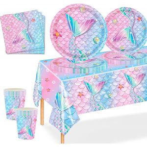 Sjzg-69 Pi&egrave;ces Vaisselles Anniversaire Kit Pour Enfants,Sir&egrave;ne Vaisselle Ensemble Avec Assiettes Papier Tasses Serviettes Nappe Pour Baby Shower Anniversaire F&ecirc;te,Table D&eacute;corations 16 Invit&eacute;s - Neuf
