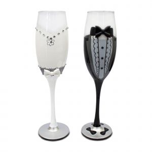 Duo De Fl&ucirc;tes &Agrave; Champagne De Mariage Prestige "Costume & Robe De Mari&eacute;e" Accessoire De Table Toast Nuptial Et Id&eacute;e Cadeau Originale - Neuf
