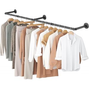 Ulteronixshop-Portant &agrave; V&ecirc;tements Industriel, Tringle &agrave; V&ecirc;tements Murale 167cm, Barre de Tuyau de Rail de Suspension Murale pour Chambre &agrave; Coucher en M&eacute;tal Noir, Base 3 - Neuf