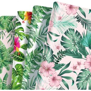 Papier cadeau hawa&iuml;en sur le th&egrave;me des fleurs et des feuilles, papier cadeau hawa&iuml;en, jungle, tropical, monstera pour f&ecirc;te Aloha, 8 feuilles en 4 motifs, pli&eacute;es &agrave; plat, 50 x 70 cm par feuille (rose) - Neuf