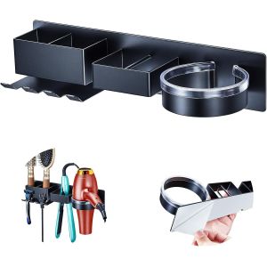 Support Seche Cheveux Noir,Porte Seche Cheveux et Lisseur Acier Inoxydable,Porte Seche Cheveux Mural sans Percage,Support Lisseur avec Range-C&acirc;bles et Compartiments de Rangement - Neuf