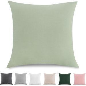Cauc-Taie Oreiller 80x80 Cm Lot De 2housse Coussin 100% Coton Lav&eacute; Doux, Aspect Lin Et Respirant, Taie D Oreiller Vert Clair Avec Fermeture &Eacute;clair - Neuf
