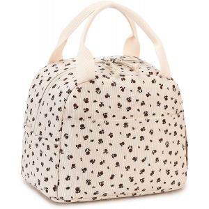 Boîte À Déjeuner Isolée Pour Femmes Sac À Déjeuner Réutilisable En Velours Côtelé Sac À Main Étanche Glacière Thermique Sac À Déjeuner Grande Capacité (Fleurs Marron 180) - Neuf