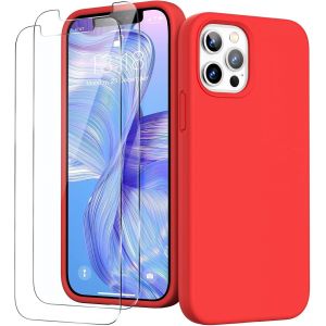 3 en 1 Coque Silicone Liquide pour iPhone 12/12 Pro 6,1 Pouces - avec 2 Verre Tremp&iquest;&iquest; - ?tui de Protection Antichoc en Microfibre Douce[R&iquest;&iquest;sistant aux Rayures] [Antid&iquest;&iquest;rapant], Rouge - Neuf