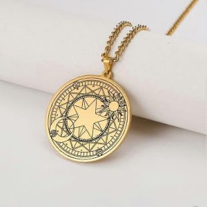 Soleil Lune Sakura Amulette Magique Pentagramme Collier Pour Hommes Femmes En Acier Inoxydable Sorcellerie Bonne Chance Charmes Bijoux Wiccan - Neuf