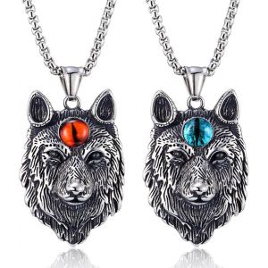 Trahoo-2 Pièces Collier Loup Nordique Viking Wolf Head Collier Gothique Punk Bike Rock Hip Hop Pendentif Collier Homme Femme - Yeux Rouges Et Bleus - Neuf