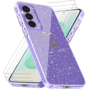 JGD-Coque Compatible avec Samsung Galaxy S25 Plus / S25+ 5G (Pas pour S25), 3 Pi&egrave;ces Protection &Eacute;cran en Verre Tremp&eacute;, Housse Souple et Transparent, &Eacute;tui Anti Empreintes et Paillettes - Violet - Neuf