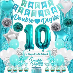 LETNERNY-Décorations De Fête D'Anniversaire Pour Filles ¿ Bannière « Happy Birthday », Rideau À Franges En Aluminium, Ballons En Latex À Confettis À Deux Chiffres Pour Enfants De 10 Ans (Bleu Sarcell - Neuf