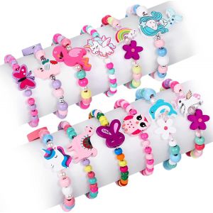 Kal-12 Pièces Bracelets Enfant Fille Bijoux En Bois Colorés Animaux Hibou Lapin Papillon Fleur Licorne Bracelet Amitié Cadeaux Anniversaire Pour Filles - Neuf