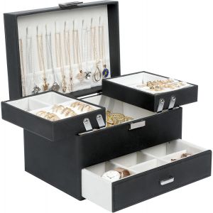 Nbgcm-Boite A Bijoux Femme, Boîte À Bijoux, 3 Couches Grande Boite Bijoux, Coffret A Bijoux Pour Anneaux, Boucles D'oreilles, Colliers, Bracelets (Noir) - Neuf