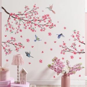Cerisier Fleur Arbre Branche Autocollant Mural,Autocollants Muraux Oiseaux De Fleurs Roses,Chambre Salon Canapé Tv Fond Décor Mural - Neuf