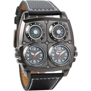 Eryi-Montre À Quartz Analogique Pour Homme Avec Boussole Décorative Et Thermomètre Et Bracelet En Cuir Noir - Neuf
