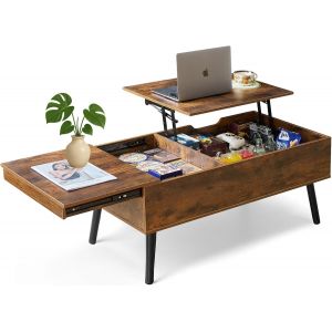 Table Basse Réglable En Hauteur Avec Plateau Coulissant,2 Grands Compartiments De Rangement Cachés Séparés,Table De Salon,100x50x43,5 Cm,Marron Vintage - Neuf