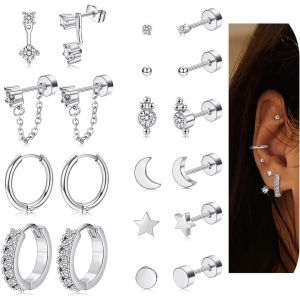 Kal-10paires Boucles D'oreilles Acier Inoxydable Femme Hommes Boucles D'oreilles À Dos Plat Hypoallergéniques Petite Créoles Lot Boucles D'oreilles Chaîne Pendantes Cartilage Tragus Piercing Oreille - Neuf