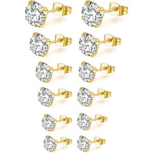 6 Paires Boucle D'oreille Femme Homme, Boucle D'oreille Acier Inoxydable, Hypoallerg&eacute;nique Boucles D'oreilles Plaqu&eacute;es Or 14k, Boucle D'oreille Argent Or En Zirconium - Neuf