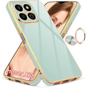 Kal-Coque Pour Honor X6b, Avec Anneau Rotatif À 360°, Support Magnétique, Finition Brillante Luxueuse Et Coque De Protection Antichoc Par Galvanoplastie,Vert/Or - Neuf