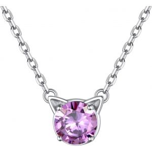Kales-Collier Pierre Cristaux Femme Argent 925 Pendentif Chat Avec Pierre De Naissance Chaîne Ajustable 40+5cm,Bijoux Cadeau Pour Maman Meilleure Amie Femme Fille - Neuf