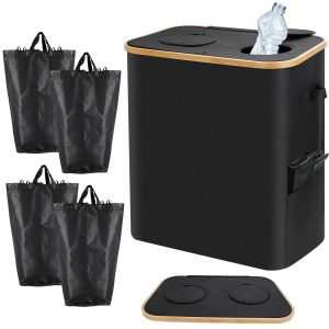 Poubelle De Recyclage 140l Avec Couvercle,Collecteur De Bouteilles 2 Compartiments,Poubelle Tri S&eacute;lectif Pour Cuisine,4 Sacs Int&eacute;rieurs Pour Verre/Plastique,Rangement Maison/Jardin(Noir) - Neuf
