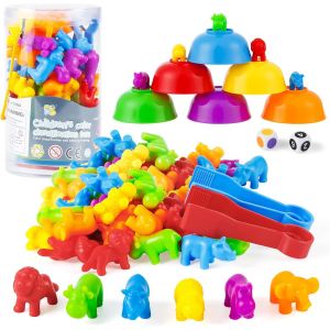 KAL-Jeux Montessori 2 3 4 5 Ans, 46 Pi&egrave;ces Animaux Jouet Avec Tasses Et D&eacute;s Et Pinces, Pour Comptage Et Tri Jeu Educatif Apprendre Les Couleurs, Enfant Cadeau 3-5 Ans - Neuf
