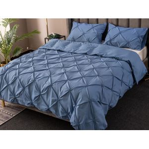 Ensemble De Literie 3 Pi&egrave;ces Bleu &Agrave; Plis Piqu&eacute;s En Microfibre Double - Neuf