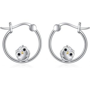 Chenquansarl-Boucles D'oreilles Hibou Pour Femme En Argent Sterling 925 - Créoles Huggie - Bijoux Pour Femmes Et Filles - Cadeau D'anniversaire, 0.6*0.58inch, Argent Sterling, Pas De Gemme - Neuf