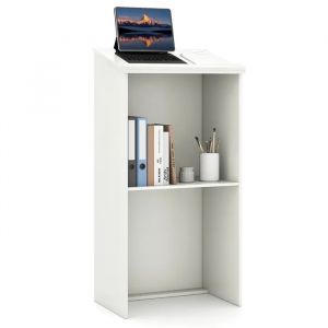 COSTWAY Pupitre pour Podium en Bois, Hauteur 116,5 cm avec &Eacute;tag&egrave;re de Rangement et Trous pour C&acirc;bles, pour Classe Blanc - Neuf