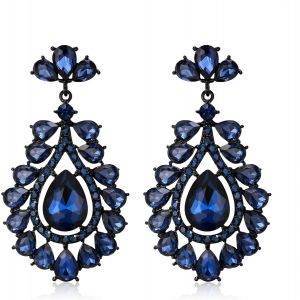 Kal-Boucles D'oreilles Pour Femme - Pour Mariage - Bijoux Art Déco - Cristal Percé - Lustre - Boucles D'oreilles Pendantes Pour Mariée - Bleu Saphir Noir, Cristal - Neuf