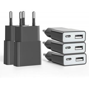 JGD-Prise pour c&acirc;ble de Charge USB, 5V 1A 2Port USB C+ A Prise Secteur Chargeur, 5W Prise de Charge, Adaptateur de Prise Adaptateur pour iPhone, Galaxy, Xiaomi,Huawei (Epaisseur 1.45cm/5paquet) - Neuf
