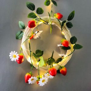 KAL-Nouveauté 2M 20Led Fleur Blanche Fraise Guirlande Lumineuse Artificielle Fraise Lierre Guirlande Fil Cuivre Guirlande Lumineuse Batterie Avec Télécommande 8 Modes(Batterie Avec Télécommande 8 Mod - Neuf