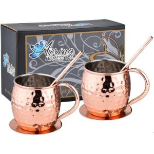 Eryi-Moscow Mule Mug Lot De 2, Martelé 2 Tasses En Cuivre Avec 2 Pailles Et 2 Sous-Verres - Neuf