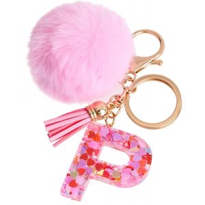 KAL-Porte-Cl&eacute;s Rose Avec Lettre Porte-Cl&eacute;s Fille Initiale Cadeau Femmes Porte-Cl&eacute;s Boule De Poils D&eacute;corer Pour Sac Sac &Agrave; Dos Porte-Clef Gland Or Porte-Clef Femme - Neuf