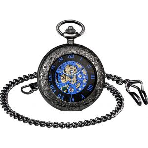 Bnhgc-Montre De Poche Mécanique Homme, Montre De Poche Vintage Avec Loupe, À Cadran En Chiffres Romains, Mouvement Creux, En Acier Inoxydable Allié, Cadeau De Noël Anniversaire - Neuf