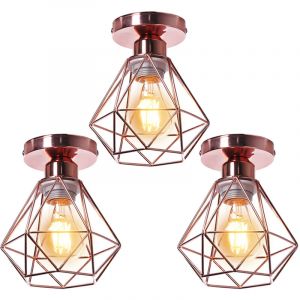Stoex 3pcs Plafonnier Industriel En M&eacute;tal, Suspension Luminaire Style Vintage Design Forme Cage Diamant R&eacute;tro Pour S&eacute;lon Chambre S&eacute;lle &Agrave; Manger - Or Rose - Neuf