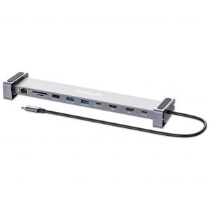 Manhattan Dock/hub USB-C avec lecteur de cartes et MST, 7 ports : Ethernet, 2x HDMI 4K@60Hz, 3x USB-A + USB-C, avec PD 100W - n&eacute;cessite un chargeur USB-C externe (non inclus). Aliment&eacute; par USB (aucune alimentation externe requise) lorsque le PD... - Neuf