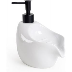 KAL-Distributeur De Savon Blanc 670 Ml Avec Porte-Éponge, Grand Distributeur De Savon Liquide Pour Les Mains Avec Éponge, Distributeur De Savon En Céramique Rechargeable Pour Salle De Bain - Neuf