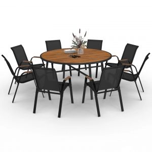 Salon De Jardin Noumea Table Ronde 150 Cm Plateau Verre Tremp&eacute; Effet Bois Et 8 Chaises Empilables Noir Et Bois - Neuf