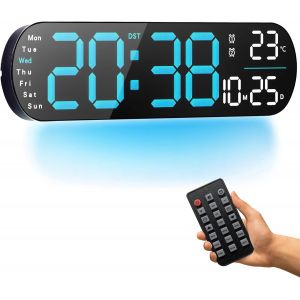 ChenQuanSarl-Horloge Murale Num&eacute;rique, 14"" Grande Horloge Num&eacute;rique Avec T&eacute;l&eacute;commande - Gradateur Automatique/R&eacute;glable, 8 Veilleuses De Couleur, 24/12 H Horloge Murale Pour Salon Bureau De Classe, Bl - Neuf