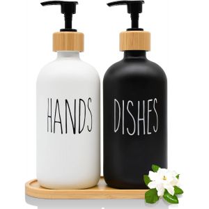 KAL-Distributeur De Savon Liquide En Verre De 473,6 G Avec Plateau En Bois Pour Décoration D'Évier De Cuisine, Salle De Bain, Distributeur De Savon En Verre Rechargeable Avec Pompe (Noir Et Blanc) - Neuf