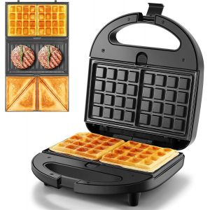 Machine À Sandwich 3 En 1, 750 W Gaufrier Et Presse À Paninis, Appareil À Sandwich Avec 3 Plaques Antiadhésives Et Interchangeables, Affichage Led Et Poignée Cool Toucher - Neuf