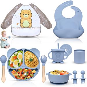 Kal-Assiette Bebe Set, 11 Pièces Coffret Repas Bebe Silicone, Vaisselle Assiette Ventouse Pour Bébé, Bavoir Silicone Bebe, Cuillère, Enfant Set Couverts Vaisselle Pour Sevrage Manger (Bleu) - Neuf