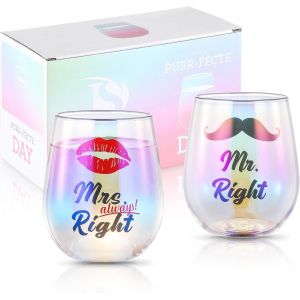 Lot De 2 Verres À Vin Mr Right Avec Inscription « Mrs Always Right » Pour Couple,Fiançailles,Mariage,Fête Prénuptiale,Cadeaux De Noël Pour Marié,Saint-Valentin,450ml Avec Boîte Cadeau - Neuf