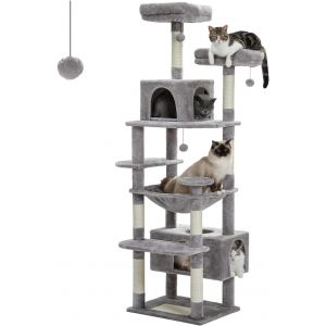 Grand Arbre À Chat Hauteur 184 Cm, Multi-Niveaux Avec 7 Poteaux À Griffer, 1 Griffoir Au Fond, 2 Condos Luxueux, 2 Perchoirs Confortables & 1 Hamac Spacieux, Beige - Neuf
