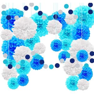 Kalanka-30pcs Pompons En Papier Decoration Anniversaire Bleu , Pompom Loisir Creatif Decoration, Mariage Decoration En Ruban Rond Papier Crepon Papieren Pompons Decoratie, Décoration Été Bleu - Neuf